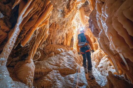 A speleologist carefully navigates through a narrow passage in a limestone cave, using a headlamp to illuminate the path ahead