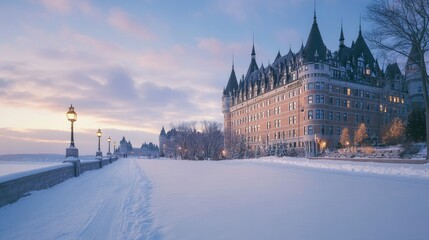 Fototapeta premium A clear, tranquil view of Quebec City Chteau Frontenac, no people or tourists present.