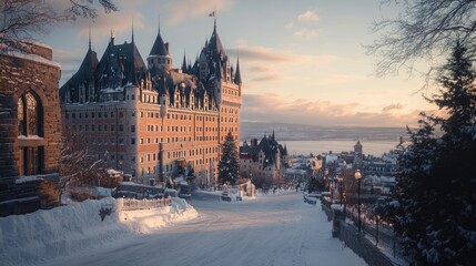 Fototapeta premium A clear, tranquil view of Quebec City Chteau Frontenac, no people or tourists present.