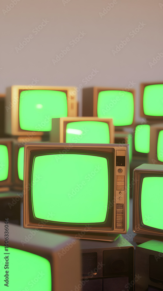 Poster vertical composition of stack 3d minimal style televisions green screen monitors set overlapping random TVs classic old cube shapes on white background empty space atmosphere