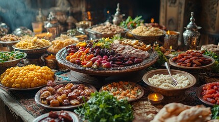 Obraz premium festive Iftar feast for Ramadan Kareem with dates, fruits, salads, and meat dishes on a decorated table, perfect for celebrating the holy month with family