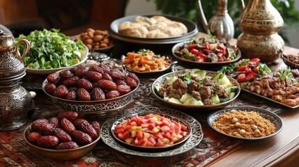 festive Iftar feast for Ramadan Kareem with dates, fruits, salads, and meat dishes on a decorated table, perfect for celebrating the holy month with family