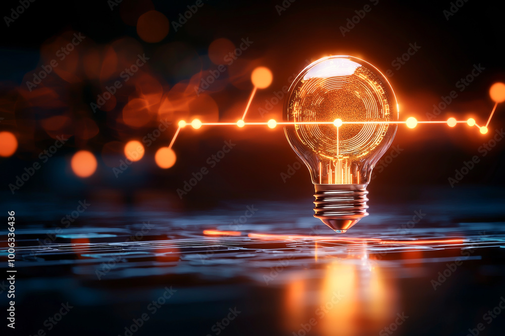 Poster a glowing light bulb suspended above a reflective surface with a vibrant glow and dynamic light patt