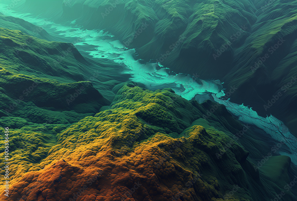 Poster a mountain range with a river running through it
