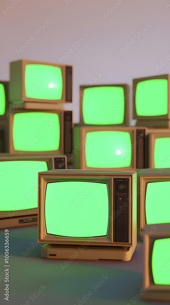 Poster vertical composition of stack 3d minimal style televisions green screen monitors set overlapping random TVs classic old cube shapes on white background empty space atmosphere