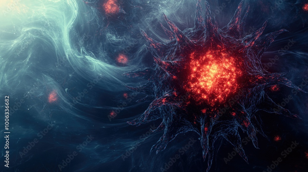 Poster a digital representation of a virus, with sharp spikes and a glowing center, set against a deep, abs