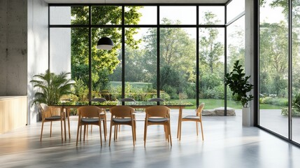 An elegant dining room with a long wooden table and luxurious armchairs, beautifully illuminated by a spectacular chandelier. Neutral tones of beige, soft gray and warm brown create an elegant and coz