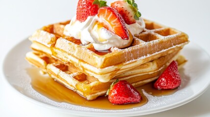 A stack of freshly made waffles drizzled with maple syrup, topped with a dollop of whipped cream and fresh strawberries, placed against a clean white background.