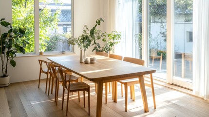An elegant dining room with a long wooden table and luxurious armchairs, beautifully illuminated by a spectacular chandelier. Neutral tones of beige, soft gray and warm brown create an elegant and coz