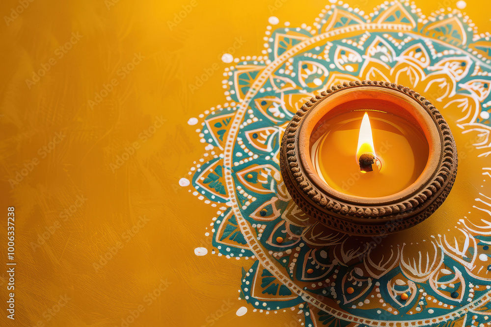 Wall mural diwali festival concept oil lamp on orange background