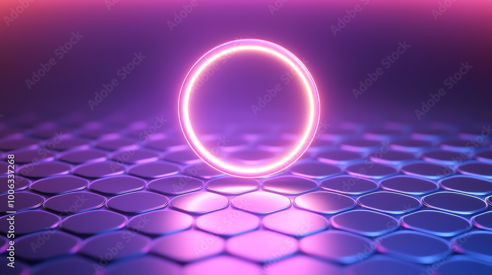 Poster a glowing neon circle on a patterned surface, creating a futuristic and vibrant atmosphere with vivi
