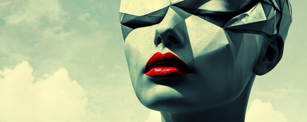 Abstract futuristic sculpture of a woman with red lips and geometric mask against cloudy sky, artistic surrealism concept