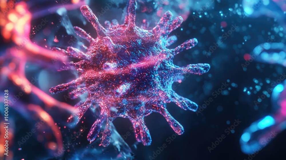Poster a futuristic digital image of a virus particle, rendered with glowing neon colors and intricate deta