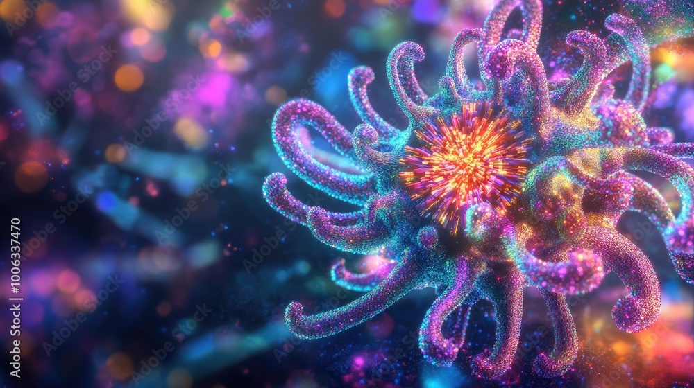 Poster a futuristic digital image of a virus particle, rendered with glowing neon colors and intricate deta