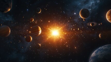 A glowing star surrounded by planets of the solar system, set against a dark, starry sky.