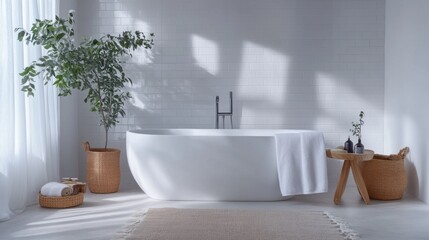 Fototapeta premium Luxurious modern home bathroom interior with light walls and natural light.