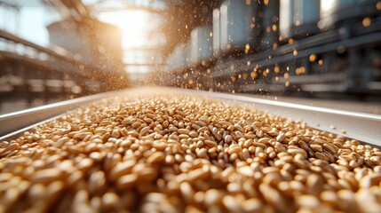 Wheat grains are sharply focused in the foreground while blurred industrial silos loom in the background, embodying agricultural abundance and efficiency.