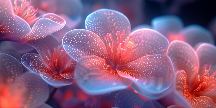 Close up of vibrant glowing neon flowers with intricate details, creating mesmerizing and abstract visual experience, fluorescent semi transparent flowers blossom on black background