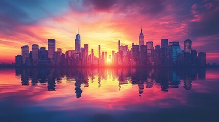 sunset skyline with silhouetted skyscrapers, capturing the urban architectural grandeur and vibrant economic pulse of the modern city