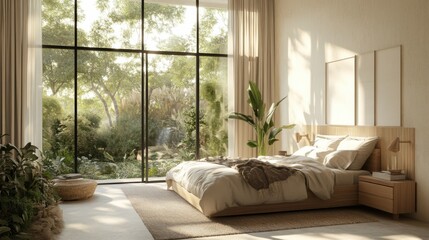 A luxurious large bedroom with a bed in the center. Delicate beige colors - ivory, milky, brown, dark gray.