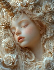 Fototapeta premium Dreamy Scene of Little Girl Sleeping in the Arms of a Unicorn with White Rose Hair, Fantasy Art with Golden Accents