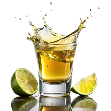 Tequila shots with lime wedges, a splash of liquid, and a reflection on a white background are perfect for websites, blogs, and social media.
