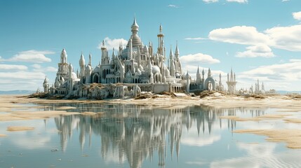 Fototapeta premium A Majestic White Stone City Rises From a Desert Oasis, Its Towers Reaching for the Sky, Reflected in a Still Pool of Water