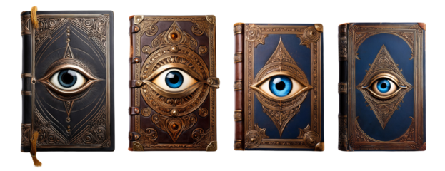 Four mystical books with eye motifs, intricate designs, isolated on white background.