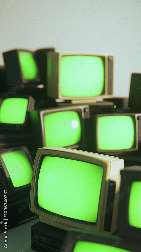 Poster vertical composition of stack 3d minimal style televisions green screen monitors set overlapping random TVs classic old cube shapes on white background empty space atmosphere