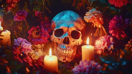 Bright flowers and candles frame a vibrant skull on a dark backdrop, creating a visually striking and atmospheric scene