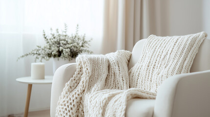 Cozy knitted blanket and pillow on armchair in warm living room