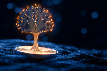 A glowing tree with lights on a dark background, symbolizing growth, harmony, and nature's beauty in a mystical setting.