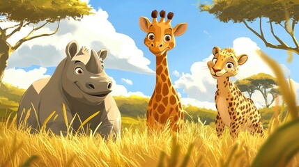 A savanna scene with a cartoon giraffe, rhino, and cheetah, each with a friendly and humorous expression. The animals are in a bright, sunny environment.