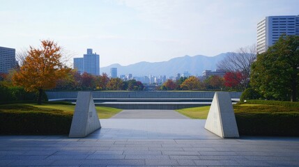 A scenic shot of the Peace Memorial Park in Hiroshima, captured without visitors, emphasizing the solemn and peaceful atmosphere of the area.