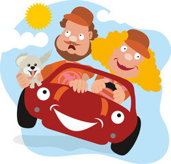 Flat illustration of a happy couple in a small car taking their dog for a ride in their small car