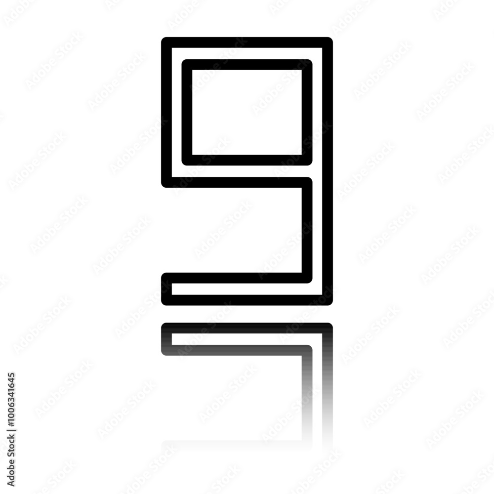 Poster number nine, numeral simple icon vector. flat design. black icon with mirror reflection. white backg