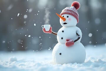 Fototapeta premium Cute snowman holding steaming cup in winter wonderland representing holiday cheer