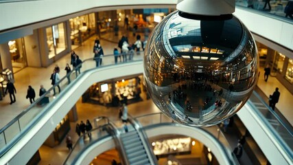 A security camera hangs from the ceiling of a shopping mall, reflecting the bustling shoppers and escalators