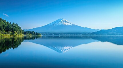 A serene shot of Mount Fuji reflected perfectly in Lake Kawaguchi, taken on a peaceful, clear day with no people in sight.