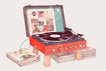 Vintage Turntable with Vinyl Records on Display