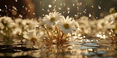 A single bloom emerges from a field of white flowers, glistening in golden light as droplets of water cascade around it.