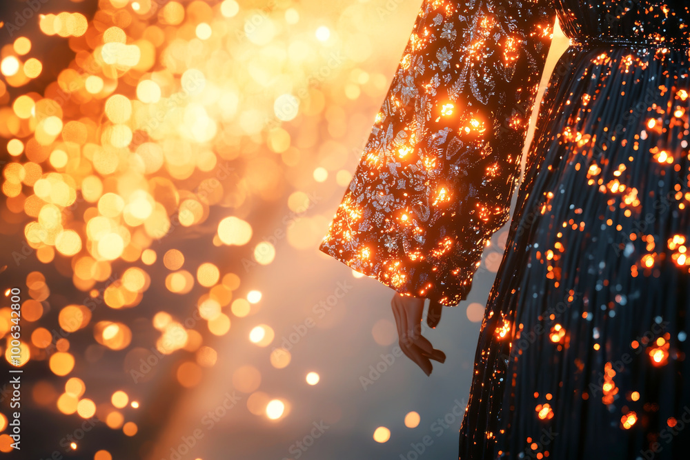 Poster a hand adorned in a sparkling gown, captured with dazzling bokeh lights, creating a magical and ethe