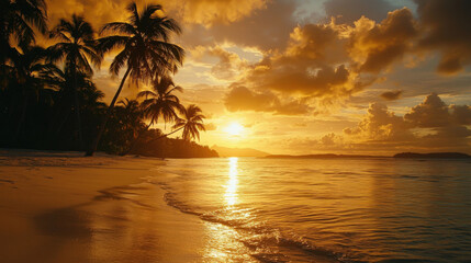 A stunning sunset over tropical island, featuring palm trees silhouetted against vibrant sky. golden hues reflect beautifully on calm water, creating serene atmosphere