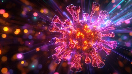 Obraz premium A stylized graphic of a virus particle, designed with clean lines and bright, neon colors to emphasize its dangerous nature.