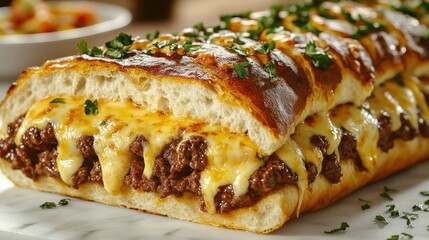 Savory baked bread filled with juicy beef and melted cheese garnished with herbs
