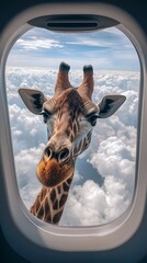 Giraffe looking through airplane window, creative concept