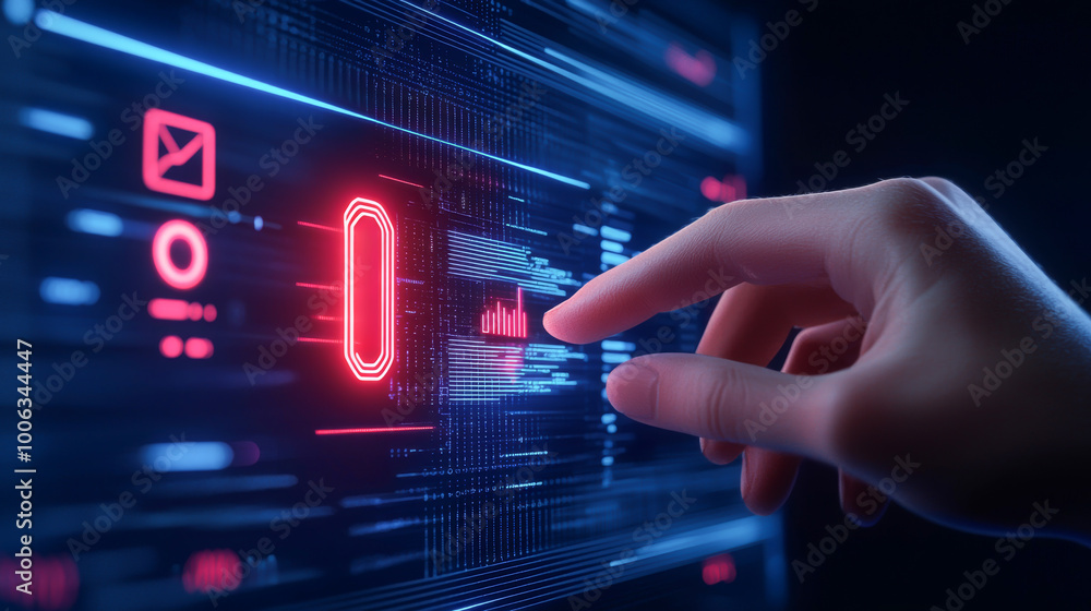 Poster a hand interacts with a futuristic digital interface displaying glowing icons and data graphs, showc