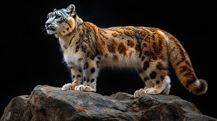 Obraz premium A snow leopard standing on a rock against a dark background.