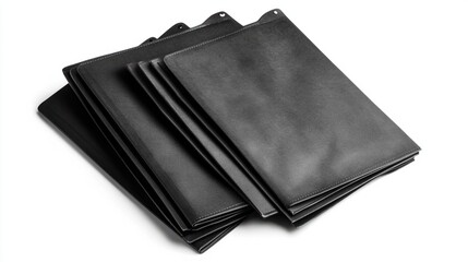 A collection of three classic black folders, isolated on white, symbolizing timeless professionalism in organizational tools