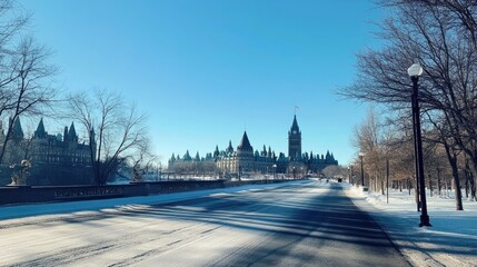 Obraz premium A view of the Parliament buildings in Ottawa, under clear skies, without crowds or people.
